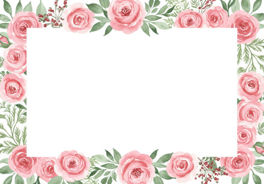 Elegant pink rose floral border with blank white rectangle for text and design transparent background