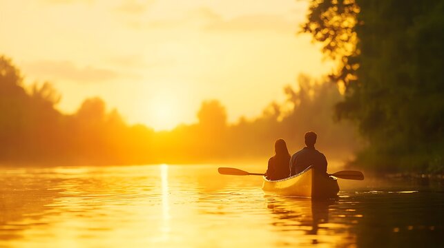 Couple canoeing at sunset on a calm river