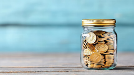 Glass jar filled with shiny gold coins sits on wooden surface, reflecting light beautifully