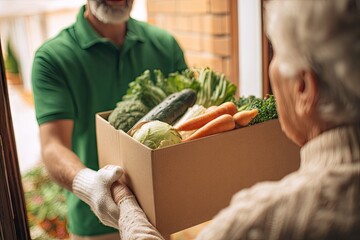 Volunteer delivering a box of fresh vegetables to a senior woman at her home.