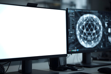 Workstation with modern monitors displaying blank screen and intricate geometric sphere