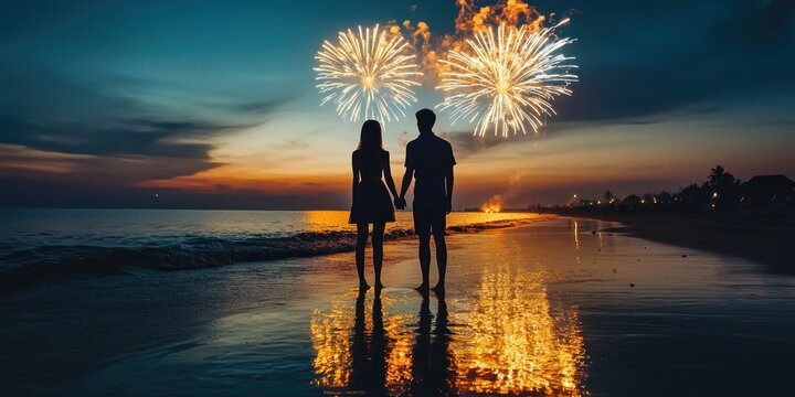 A romantic couple holding hands while watching fireworks on a beach - Powered by Adobe