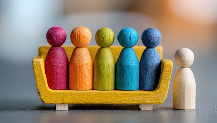 Wooden figures on a couch with one outsider representing social dynamics and inclusion.