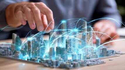 A person interacting with a holographic city model, showcasing digital connections and urban planning - Powered by Adobe