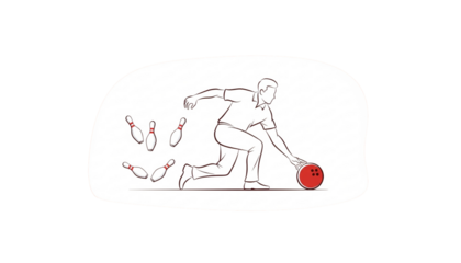 Bowling action shot of a man throwing a red bowling ball with precision aiming to knock down bowling pins for a strike or spare during an exciting game