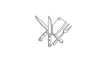 Culinary Collection of Outlined Cooking Utensils on Dark Background Showcasing Knives Cleaver and Fork for Food Preparation Projects and Recipe Designs