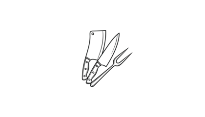 Elegant minimalist line art depicting butcher knife chefs knife and meat fork culinary illustration for restaurant branding and gourmet food concepts