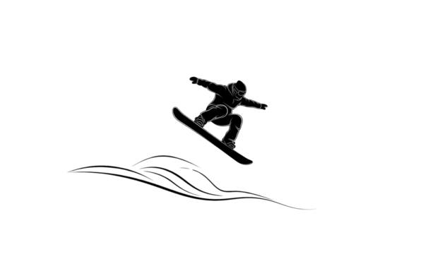 Dynamic Snowboarder Silhouette Catching Air on a Snowy Mountain Landscape against Dark Backdrop Creating Striking Contrast for Winter Sports Enthusiasts and Action Illustrations