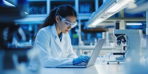 A scientist analyzing data on a laptop in a laboratory