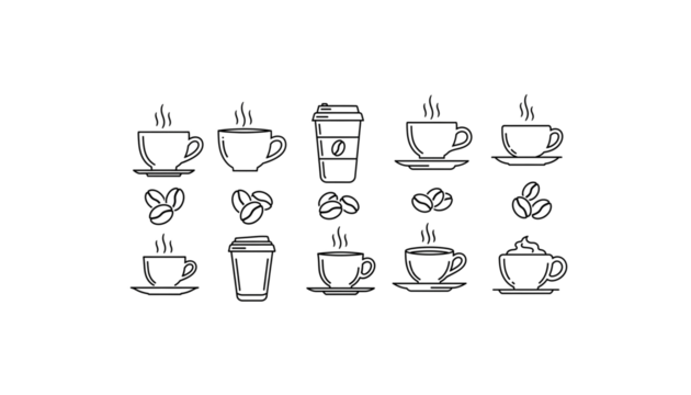 Minimalist Coffee Illustration Set Line Art Style Collection of Beverage Icons and Beans for Cafes and Restaurants Menu Design Elements - Powered by Adobe