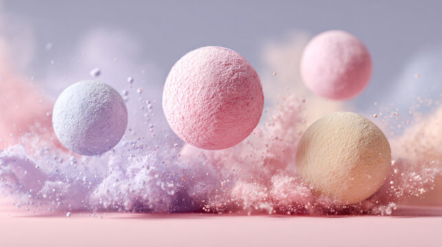 Pastel powder spheres exploding softly
