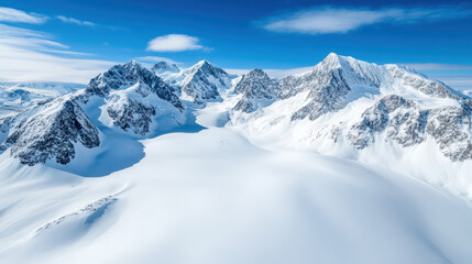 Majestic snowy mountain peaks in polar region under clear blue sky evoke sense of tranquility