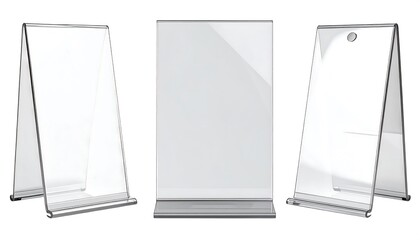 Three clear acrylic display stands, angled, for showcasing promotional items or small signage, are shown against a white background.