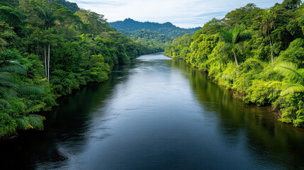 Fototapeta premium Lush jungle river flows through vibrant foliage, creating serene and tranquil atmosphere