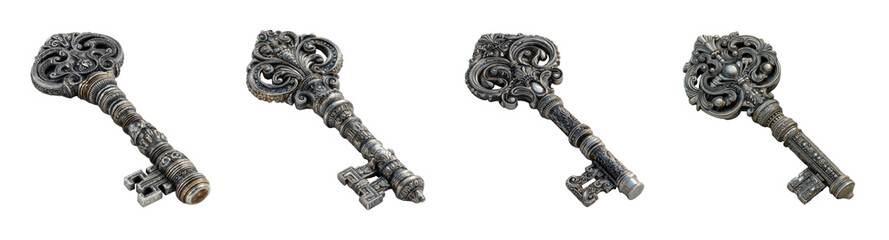 Ornate Antique Skeleton Key PNG set Isolated on Transparent backround
