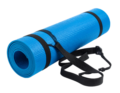 Blue Rolled Yoga Mat with Carry Strap Isolated on White Background