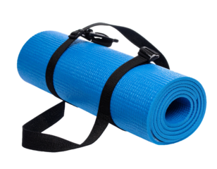 Blue Rolled Yoga Mat with Carry Strap Isolated on White Background