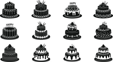 Vector set of elegant black and white cakes, birthday cakes, layered cakes, and decorated dessert illustrations for bakery and celebration designs.