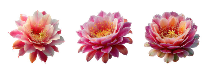 Vibrant Cactus Flower PNG set in Vivid Pink and Orange Hues, Detailed Petals, Macro Beauty Isolated on Transparent background
