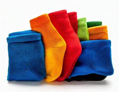 Concept background of colorful pile socks. Beautiful new unisex stretch sports socks isolate