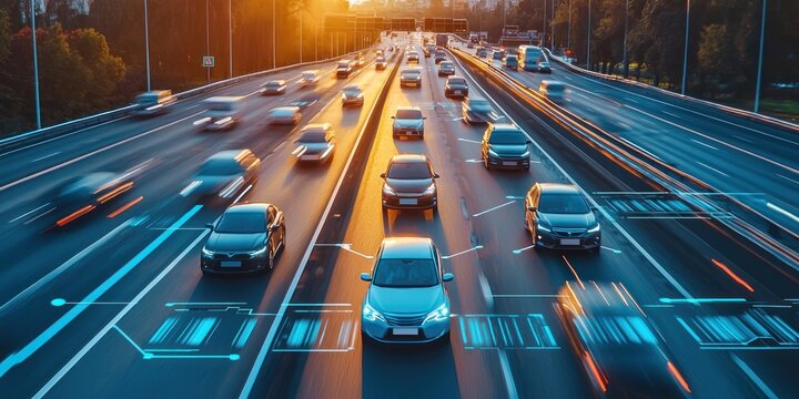 A smart highway with autonomous cars moving smoothly under AI-managed traffic signals