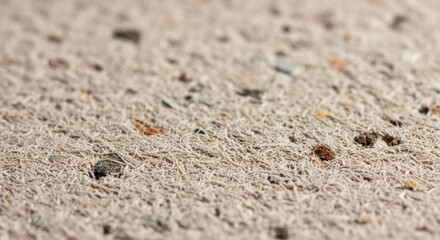 Textured beige fibrous carpet surface closeup showing tangled fabric threads and small embedded particles and fibers in detailed macro view