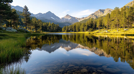 Fototapeta premium Lush mountain lake landscape reflecting trees and peaks at golden hour