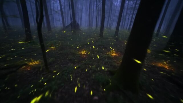 Enchanting Forest at Night: Fireflies Illuminate the Misty Woods with Magical Glow
