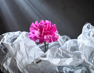 Fototapeta premium Dramatic photo of flowers growing among plastic waste - protect the environment - save the earth