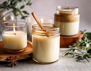 Handmade scented candles in a glass with a wooden lid. Soy wax candles with a wooden 