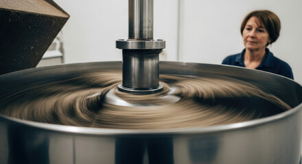 Obraz premium Focused woman supervises large industrial chocolate mixer in factory as stainless steel machine stirs thick liquid for confectionery production process