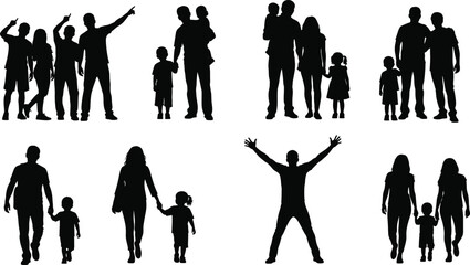 Vector silhouettes of diverse happy families walking, standing, and celebrating together with parents and children isolated on white background.