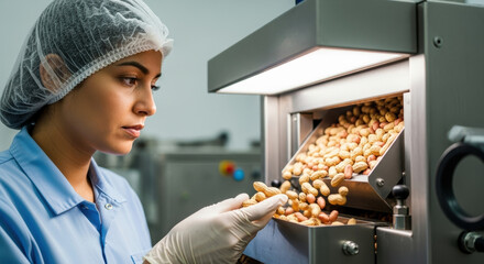 Focused female worker inspects peanut quality inside modern food processing facility wearing sanitary uniform and gloves for food safety assurance