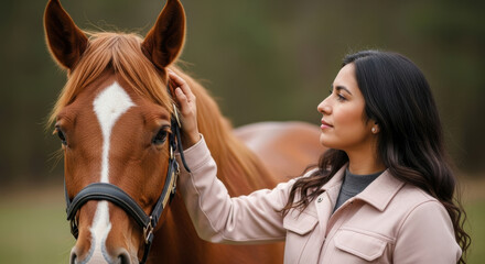 Calm woman gently caressing horse's head outdoors in peaceful rural setting, showing affection and connection between human and animal on quiet day