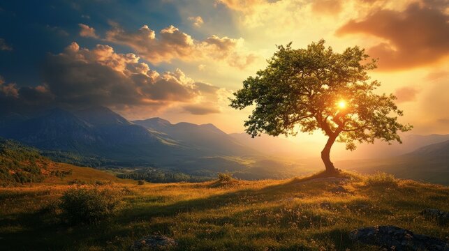 A lone tree stands tall on a hilltop, silhouetted against a vibrant sunset with dramatic clouds and distant mountains, creating a sense of peace and tranquility.