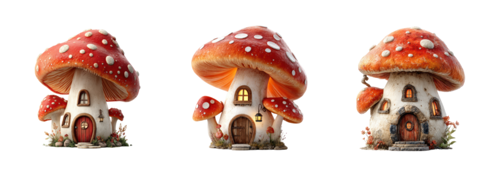 Enchanted Mushroom Houses PNG set, Whimsical fairytale dwelling, red amanita homes with warm glowing windows, detailed fantasy architecture Isolated on Transparent backround