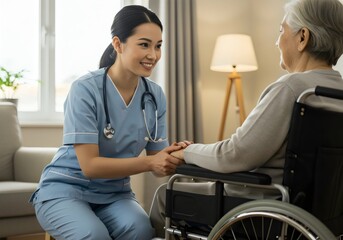 Obraz premium Smiling female caregiver holding hands with happy senior woman in wheelchair, providing emotional support and care at home