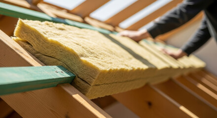 construction worker installing thermal mineral wool insulation on house roof, ensuring energy efficiency and temperature regulation during building renovation or new construction