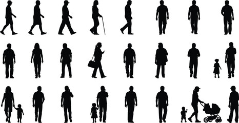 Vector silhouettes of people walking, standing, with children and stroller, representing everyday urban lifestyle isolated on white background.