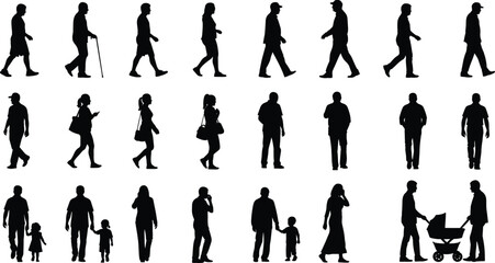 Vector silhouettes of diverse people walking, standing, and interacting with children and strollers, representing everyday urban lifestyle scenes.