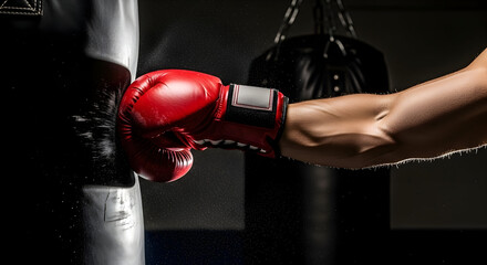 Powerful Boxing Punch: A Boxer Training Vigorously with Red Gloves Against a Heavy Bag in a Dynamic Fitness Environment