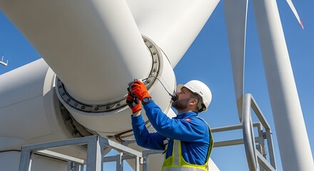 Wind Turbine Technician Inspecting Blades with Ultrasonic Testing Equipment Under Clear Blue Sky