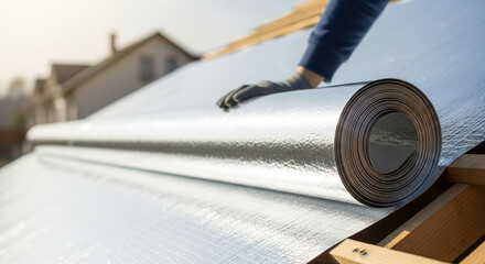 Worker unrolls reflective insulation material on roof under sunlight, installing energy efficient barrier for improved home temperature regulation and construction thermal protection