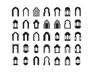 Flat vector illustrations of Arabic arch doorways, frames, or lantern silhouettes. Islamic Ramadan Kareem frames.