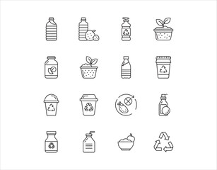 Collection focused on zero waste, featuring vector sketches, logo illustrations, web symbols, and outline pictograms.