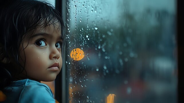 Little girl looking out the window on a rainy day with a tear on her cheek in a sad moment