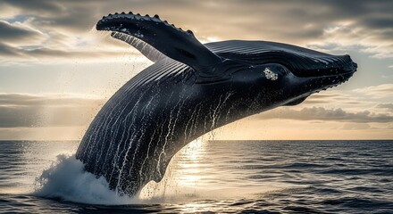 Fototapeta premium A powerful humpback whale breaching out of the ocean water with a big splash against a dramatic sunset sky in the open sea