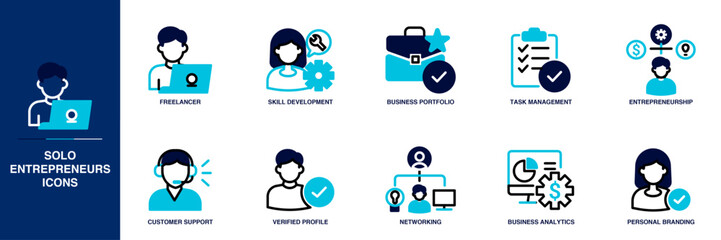 Solo Entrepreneurs Blue Colored Outline Icon Set