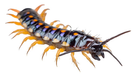 Fototapeta premium Centipede shows long segmented body isolated on white
