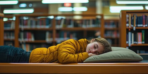 A student at a library, taking a quick nap on their books